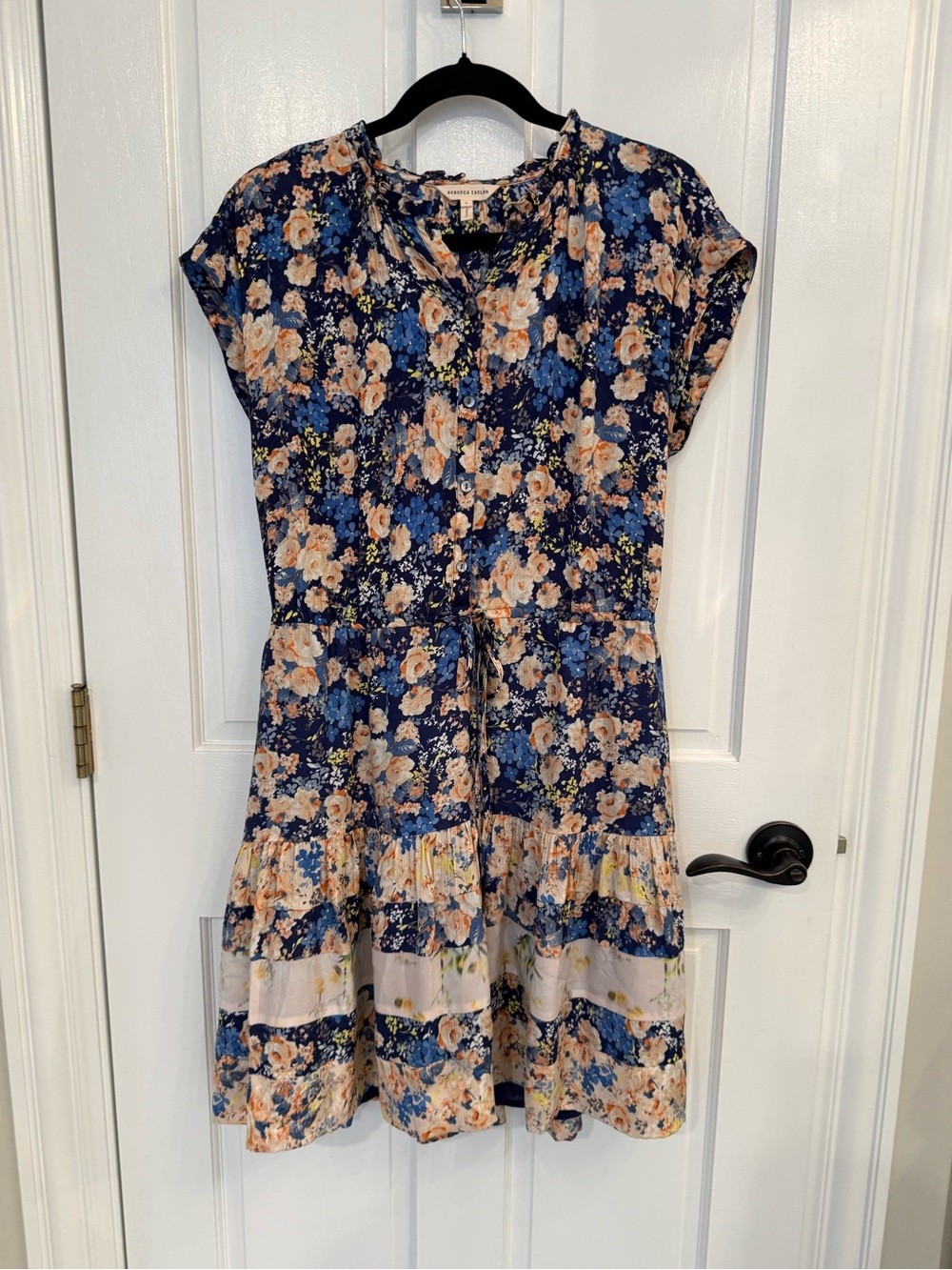 Rebecca Taylor Navy Floral 100% Silk Short Sleeve Dress - Picture 2 of 7